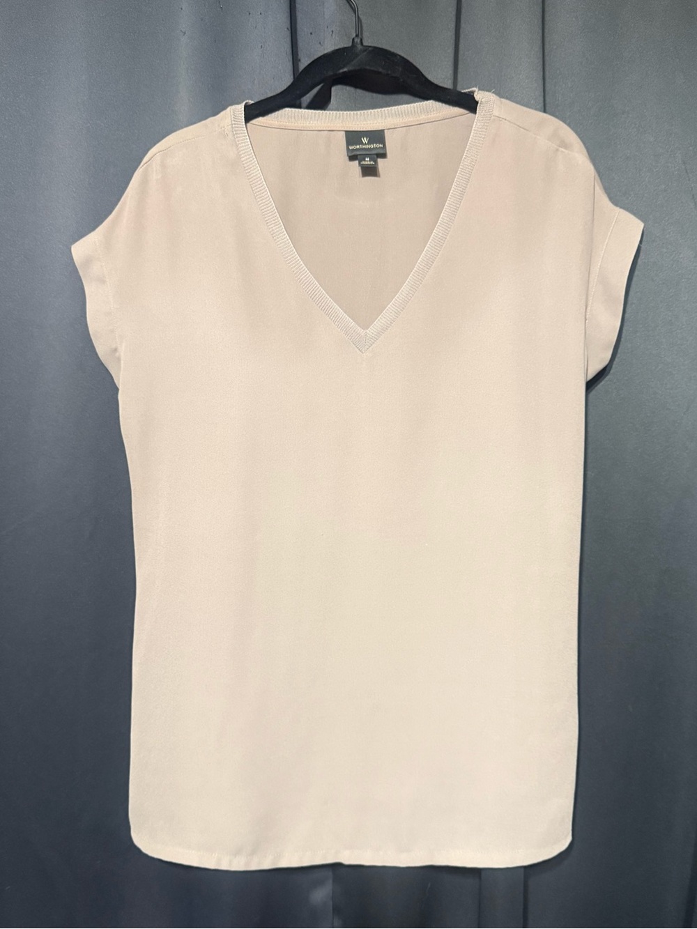 Worthington light brown V-neck blouse featuring cuffed short sleeves